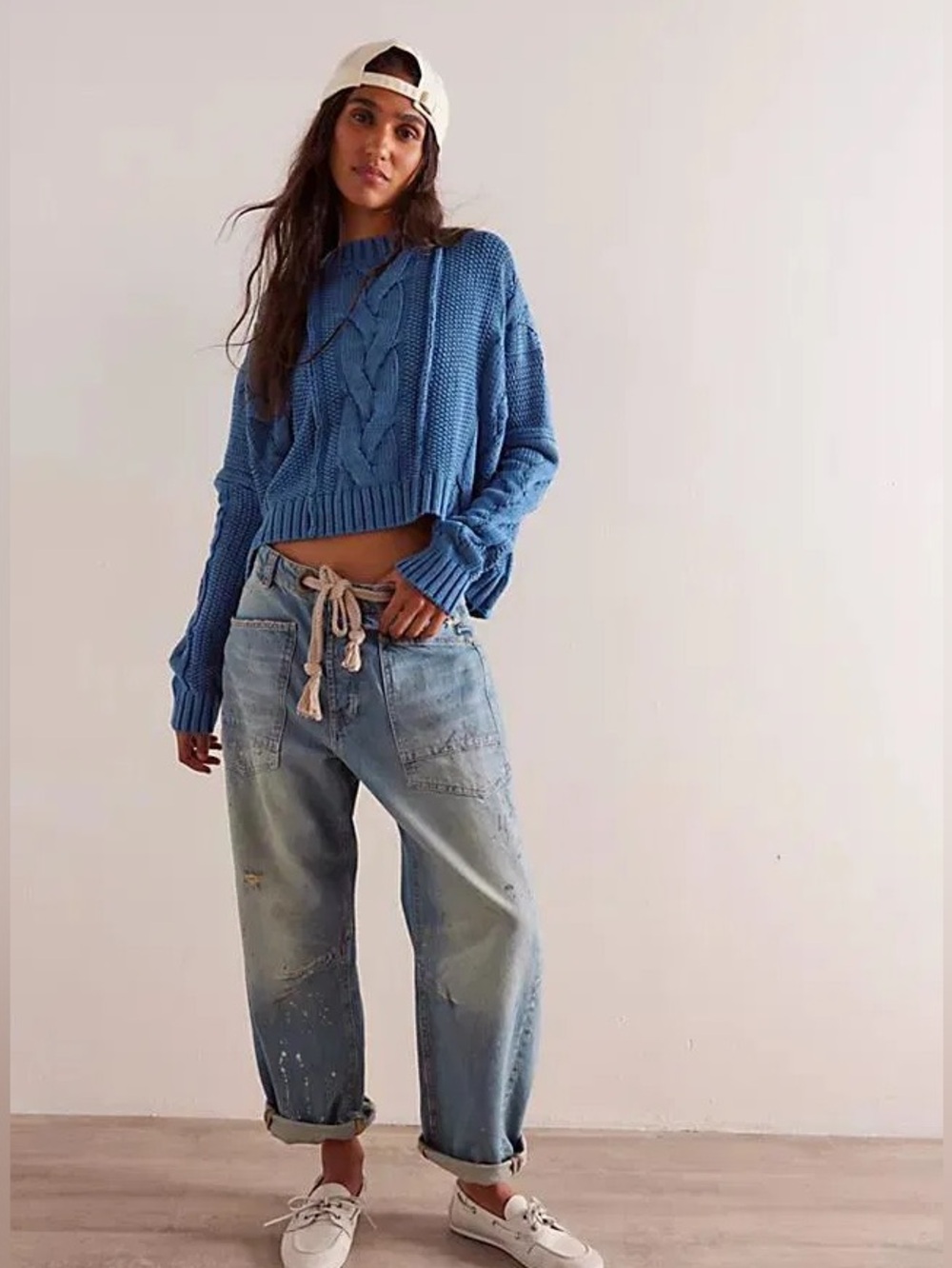 Free People In a Daze Blue Cable Knit Pullover Sweater